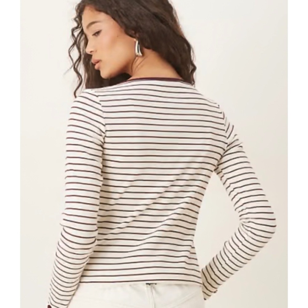 Mango MNG Womens Striped Ribbed Long Sleeve Top Ivory Black Crew Neck Large  new